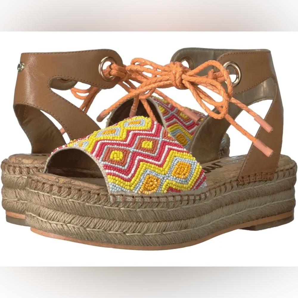 BNWT SAM EDELMAN Beaded Neera Espadrille Lace-Up Platform Size 8.5